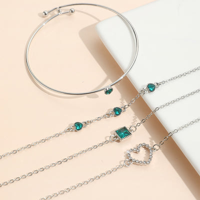 Sweet Streetwear Square Heart Gemstone Metal Bracelet Set - 4 Pieces