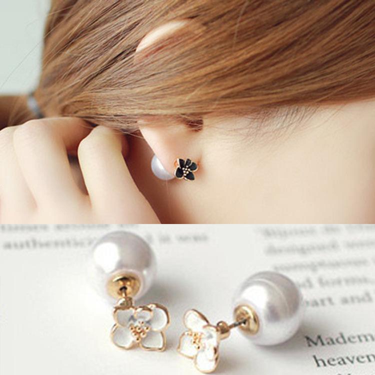 Elegant Dual-Sided Pearl Flower Alloy Earrings