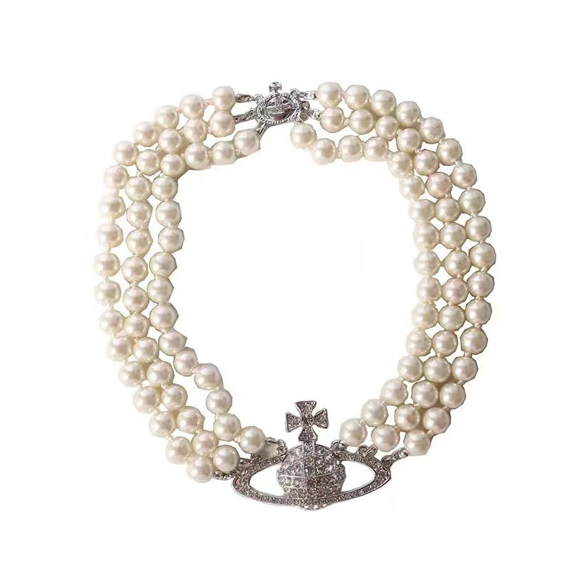 Three-Layer Pearl Saturn Pendant Necklace with Full Diamond Accents