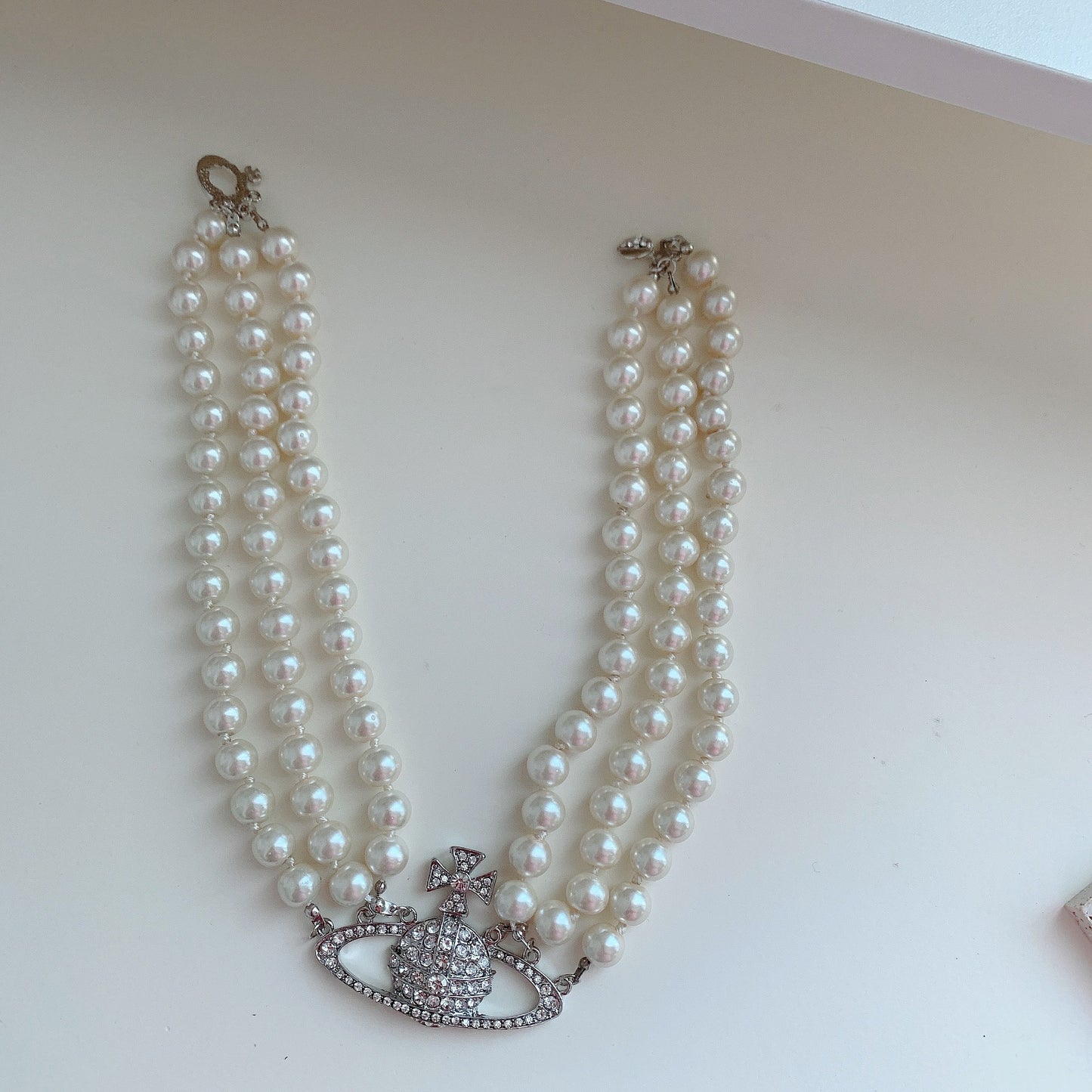 Three-Layer Pearl Saturn Pendant Necklace with Full Diamond Accents