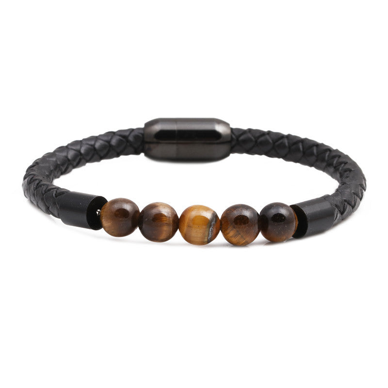 Titanium & Stainless Steel Geometric Bracelet with 8mm Colorful Tiger Eye Beads and Magnetic Clasp