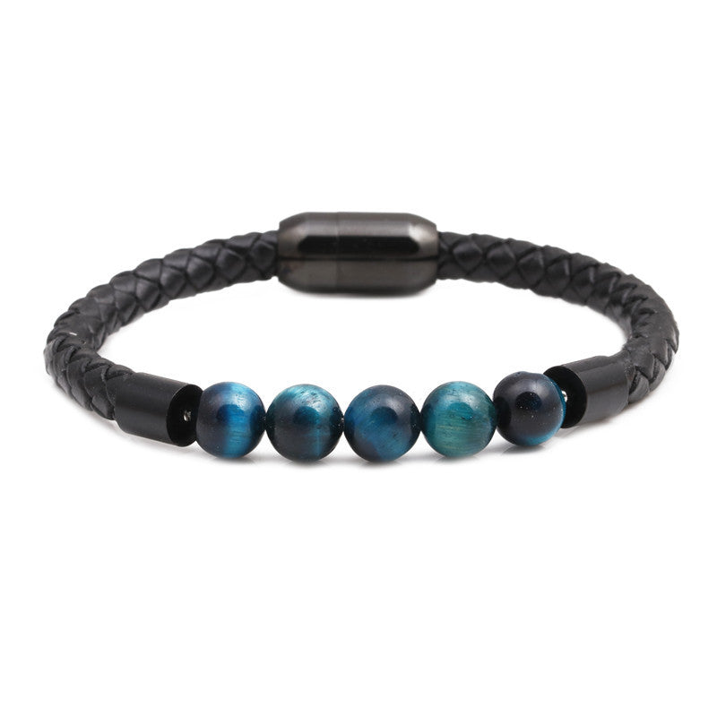 Titanium & Stainless Steel Geometric Bracelet with 8mm Colorful Tiger Eye Beads and Magnetic Clasp