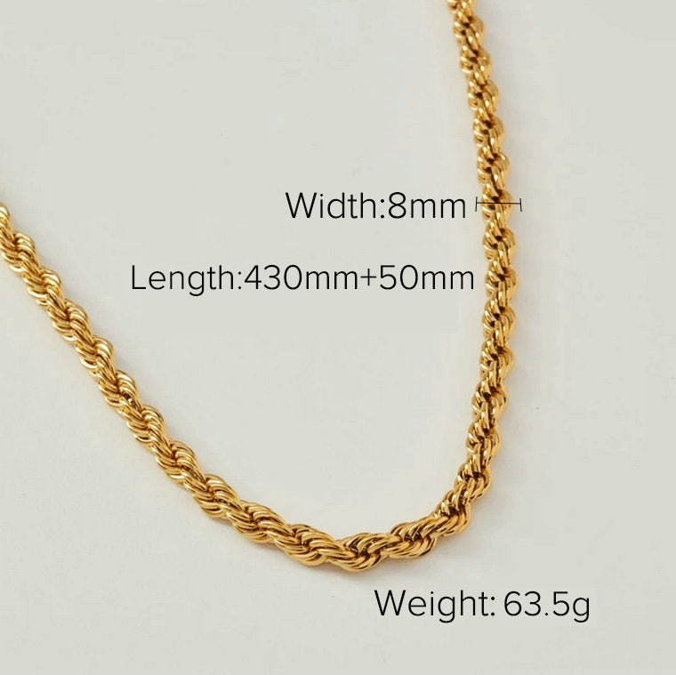 18K Gold Plated Twisted Rope Stainless Steel Necklace - 8mm Wide Vintage Style