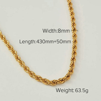 18K Gold Plated Twisted Rope Stainless Steel Necklace - 8mm Wide Vintage Style