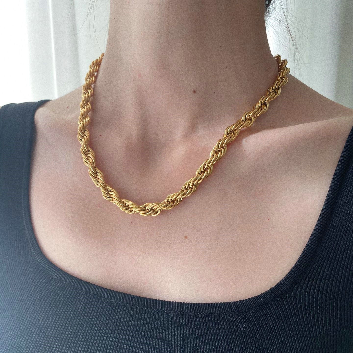 18K Gold Plated Twisted Rope Stainless Steel Necklace - 8mm Wide Vintage Style