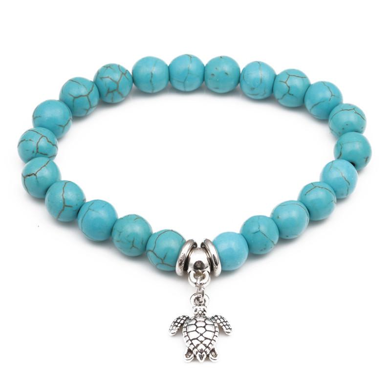 Unisex Zodiac Natural Stone Beaded Bracelet with Turquoise Turtle Pendant