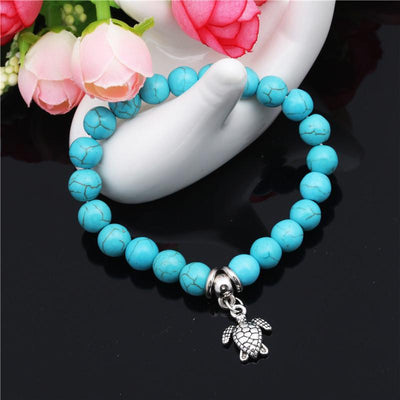 Unisex Zodiac Natural Stone Beaded Bracelet with Turquoise Turtle Pendant
