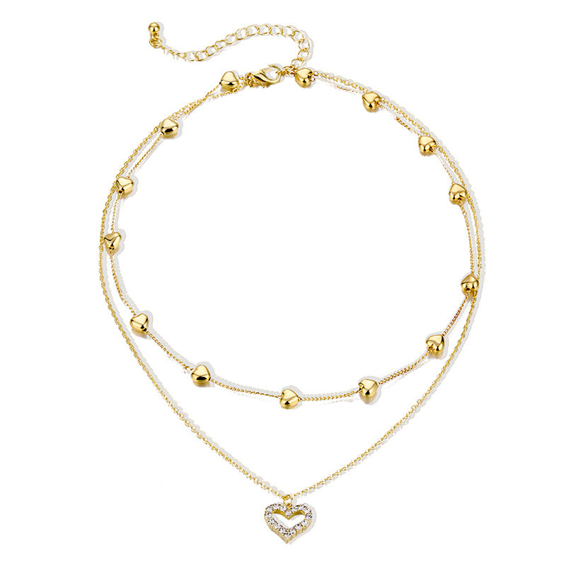 Unisex Geometric Rhinestone Heart Layered Necklace