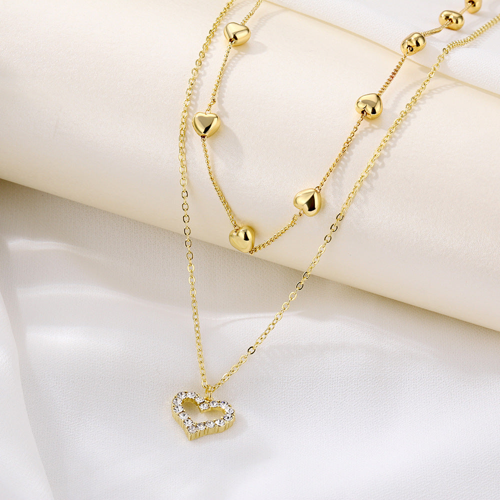 Unisex Geometric Rhinestone Heart Layered Necklace