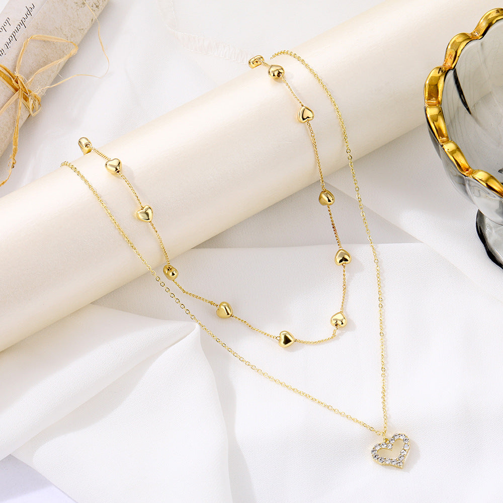 Unisex Geometric Rhinestone Heart Layered Necklace