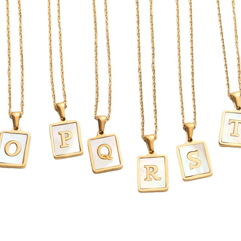 Unisex 18k Gold Plated Stainless Steel Letter Pendant Necklace with White Shell Accents