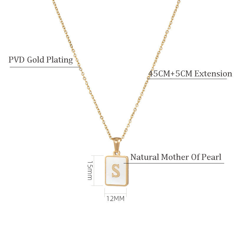 Unisex 18k Gold Plated Stainless Steel Letter Pendant Necklace with White Shell Accents
