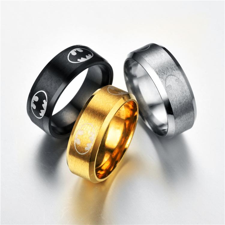 Unisex Rhinestone Engraved Batman Titanium Steel Ring for Halloween and Hip Hop Jewelry