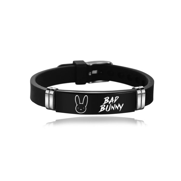 Unisex Vintage Rabbit Engraved Stainless Steel Silicone Bracelet
