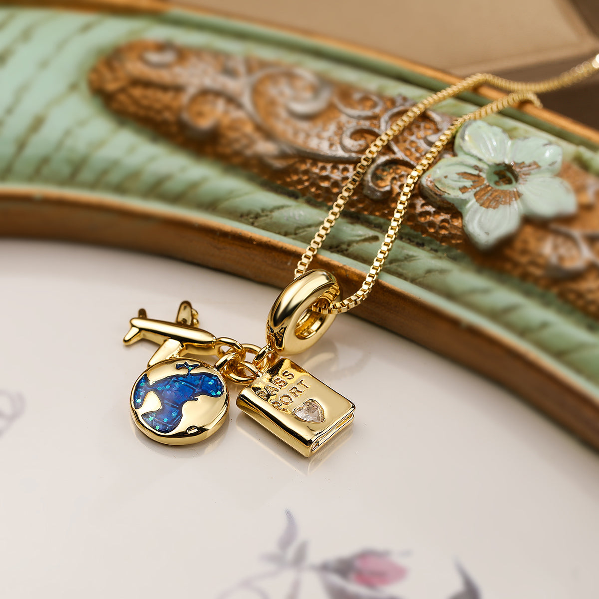 Vacation Streetwear Airplane and Camera Pendant Necklace with Zircon Inlay and 18K Gold Plating