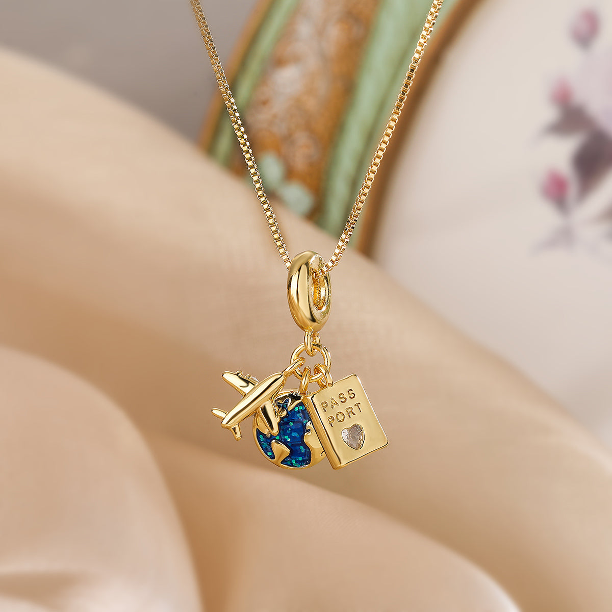Vacation Streetwear Airplane and Camera Pendant Necklace with Zircon Inlay and 18K Gold Plating