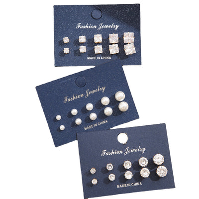 Vintage Geometric Crystal Zircon Pearl Stud Earrings Set - 15 Pairs