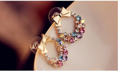 Vintage Korean Bow Earrings with Full Diamond Accents