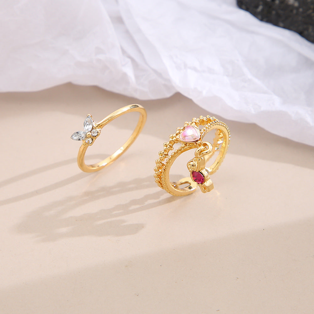Vintage Heart-shaped Bear Star Moon Butterfly Alloy Rings Set