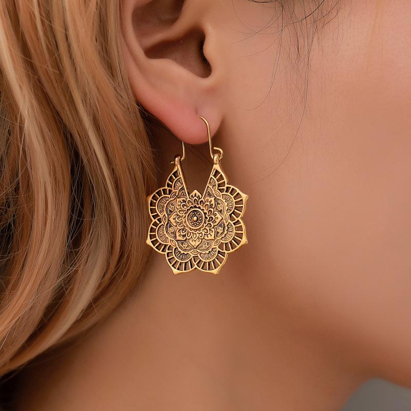 Vintage Bohemian Metal Filigree Flower Earrings NHDP145199