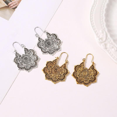 Vintage Bohemian Metal Filigree Flower Earrings NHDP145199