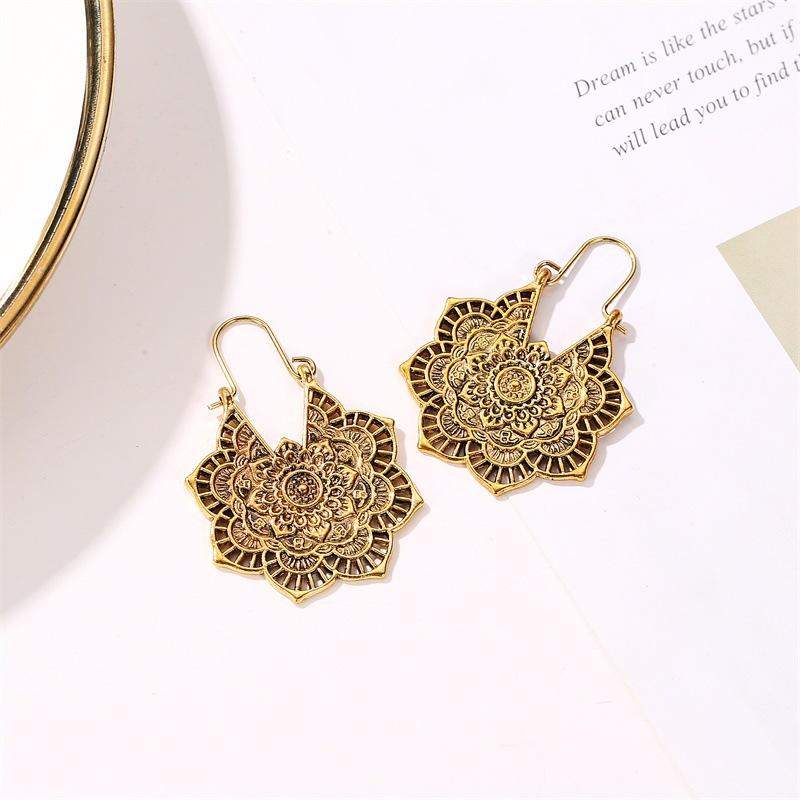 Vintage Bohemian Metal Filigree Flower Earrings NHDP145199