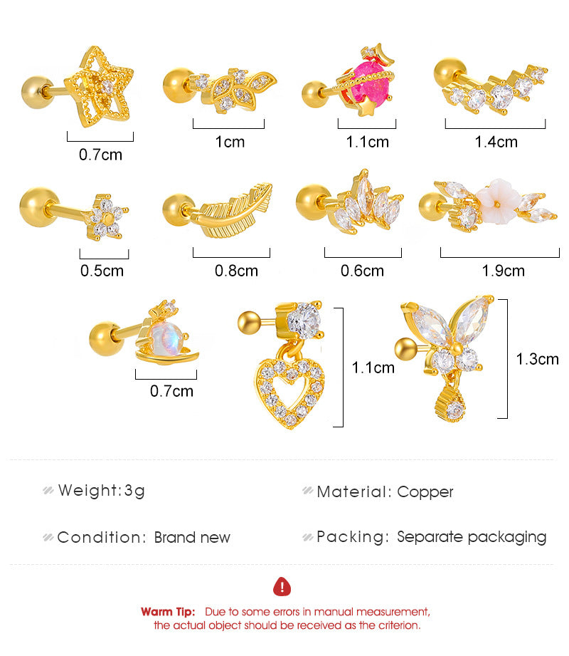 Vintage Zircon Butterfly Flower Heart Copper Screw Earrings