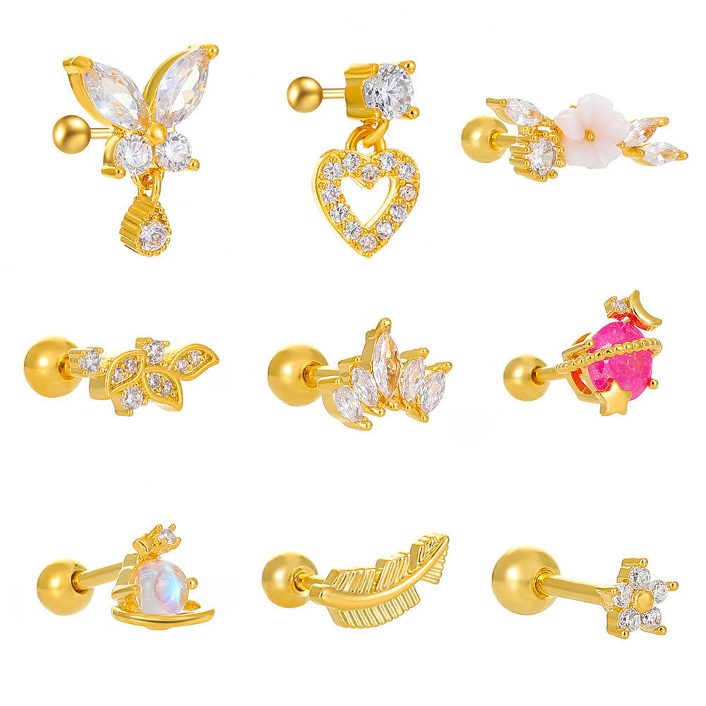 Vintage Zircon Butterfly Flower Heart Copper Screw Earrings