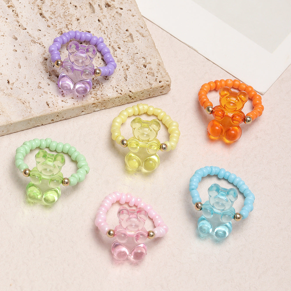Vintage Miyuki Beaded Jelly Bear Adjustable Rings Set - 6 Pieces