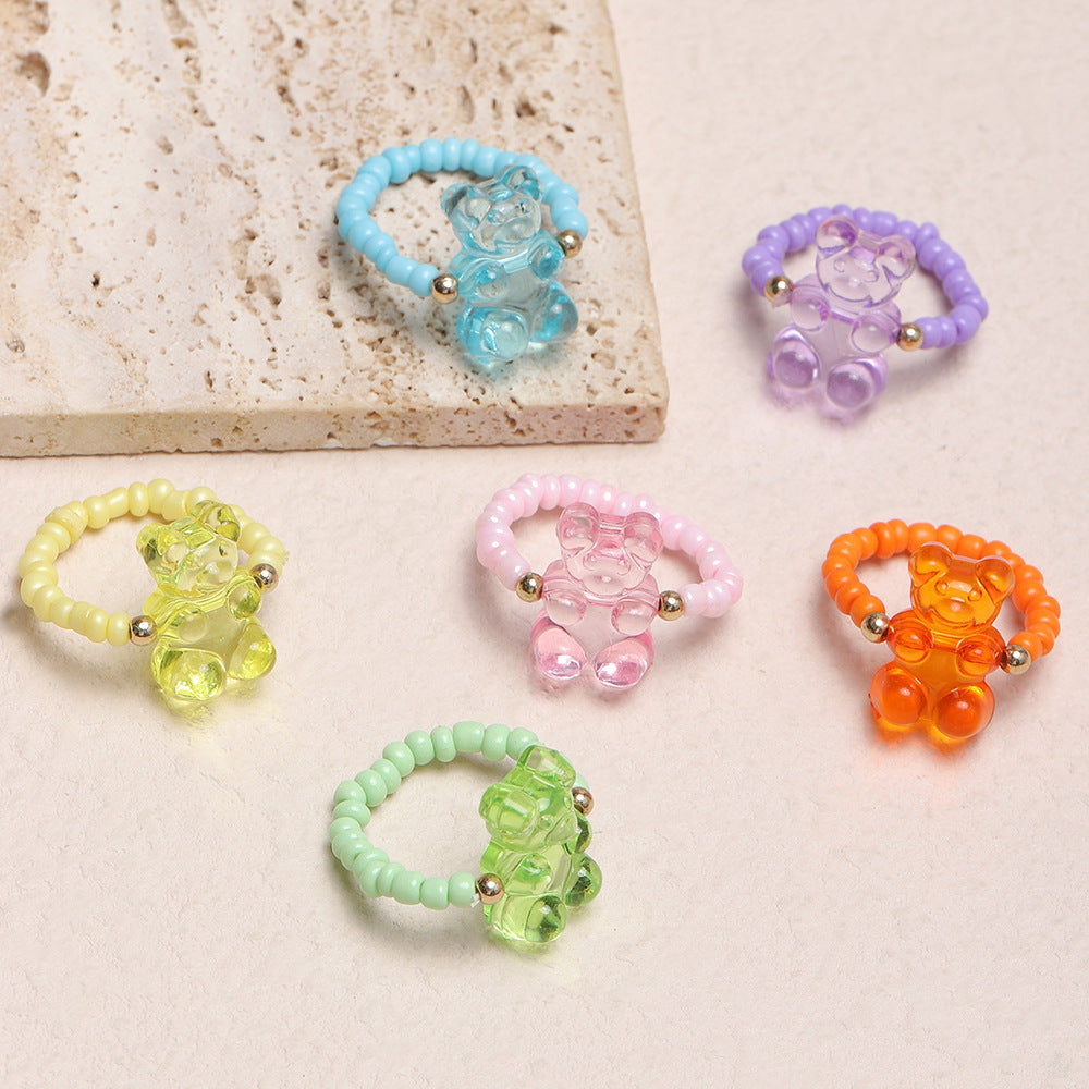 Vintage Miyuki Beaded Jelly Bear Adjustable Rings Set - 6 Pieces