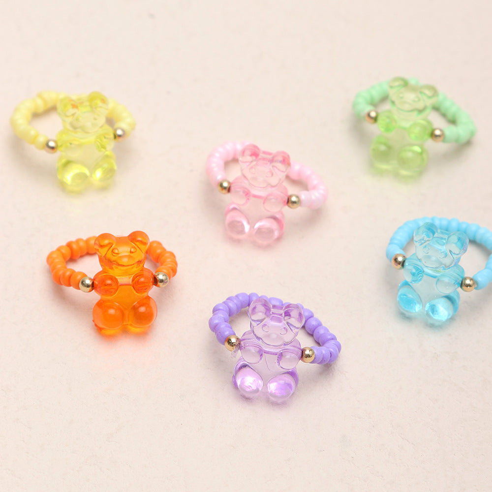 Vintage Miyuki Beaded Jelly Bear Adjustable Rings Set - 6 Pieces