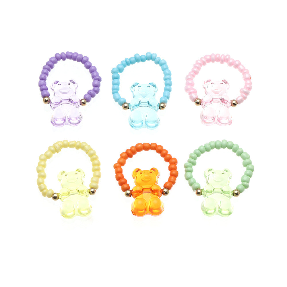 Vintage Miyuki Beaded Jelly Bear Adjustable Rings Set - 6 Pieces