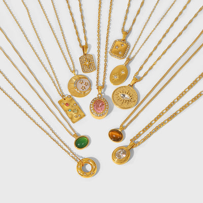 Vintage 18K Gold Plated Stainless Steel Crystal Zircon Pendant Necklace