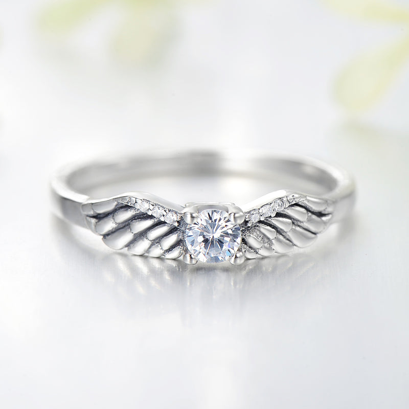 Vintage Angel Wings Sterling Silver Zircon Inlay Adjustable Ring