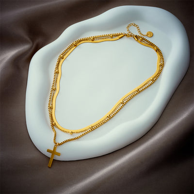 Vintage Titanium Steel Gold Plated Geometric Cross Heart Layered Necklace
