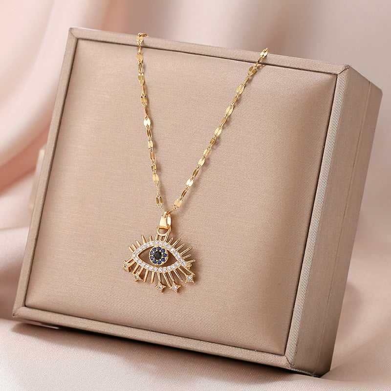 Vintage Evil Eye Blue Zircon Inlay Stainless Steel Pendant Necklace