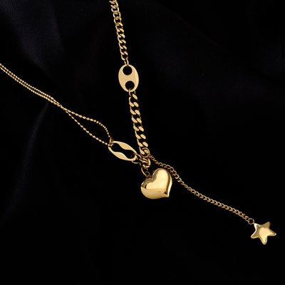 Vintage Heart Shape Gold Plated Stainless Steel Layered Necklace with Star Tassel Design