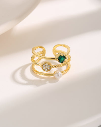 Vintage Luxurious Four Leaf Clover & Geometric Pearl Zircon Gold Plated Ring Set
