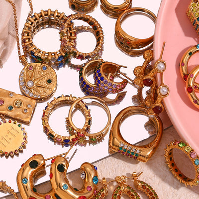 Vintage Color Block Zircon Inlay 18K Gold Plated Stainless Steel Jewelry Set