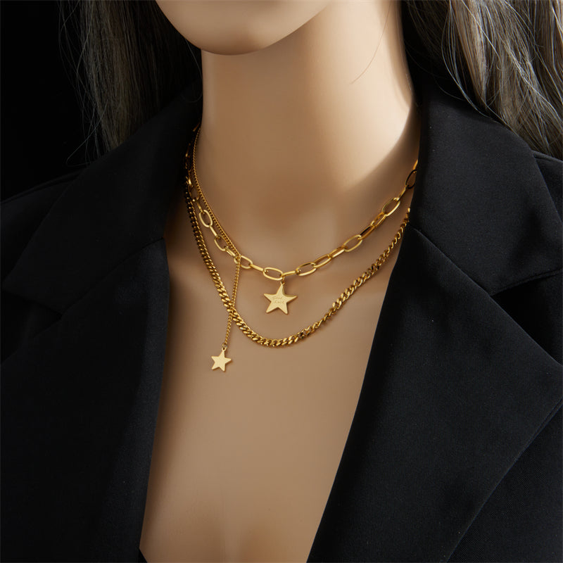 Vintage Double Layer Star Pendant Gold Plated Stainless Steel Necklace