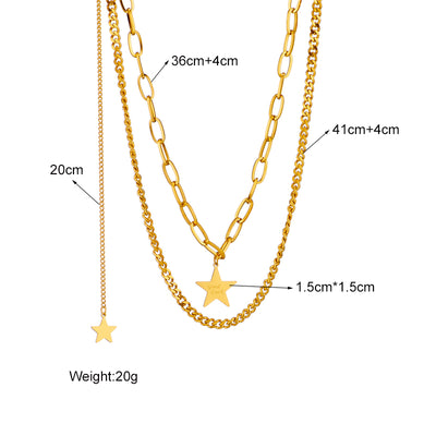 Vintage Double Layer Star Pendant Gold Plated Stainless Steel Necklace