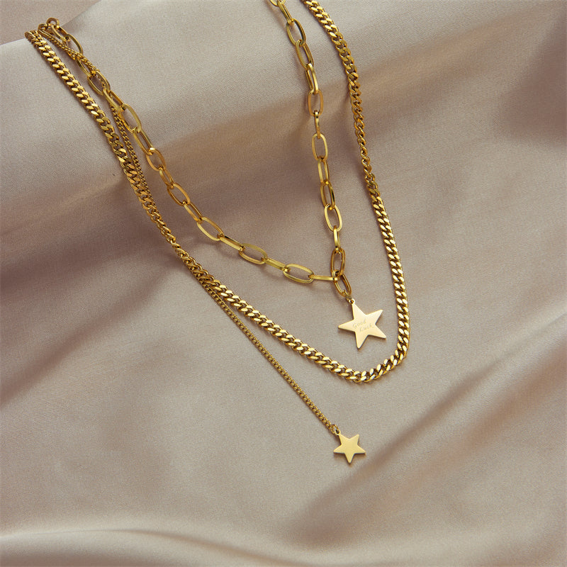 Vintage Double Layer Star Pendant Gold Plated Stainless Steel Necklace