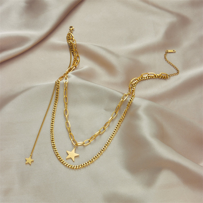 Vintage Double Layer Star Pendant Gold Plated Stainless Steel Necklace
