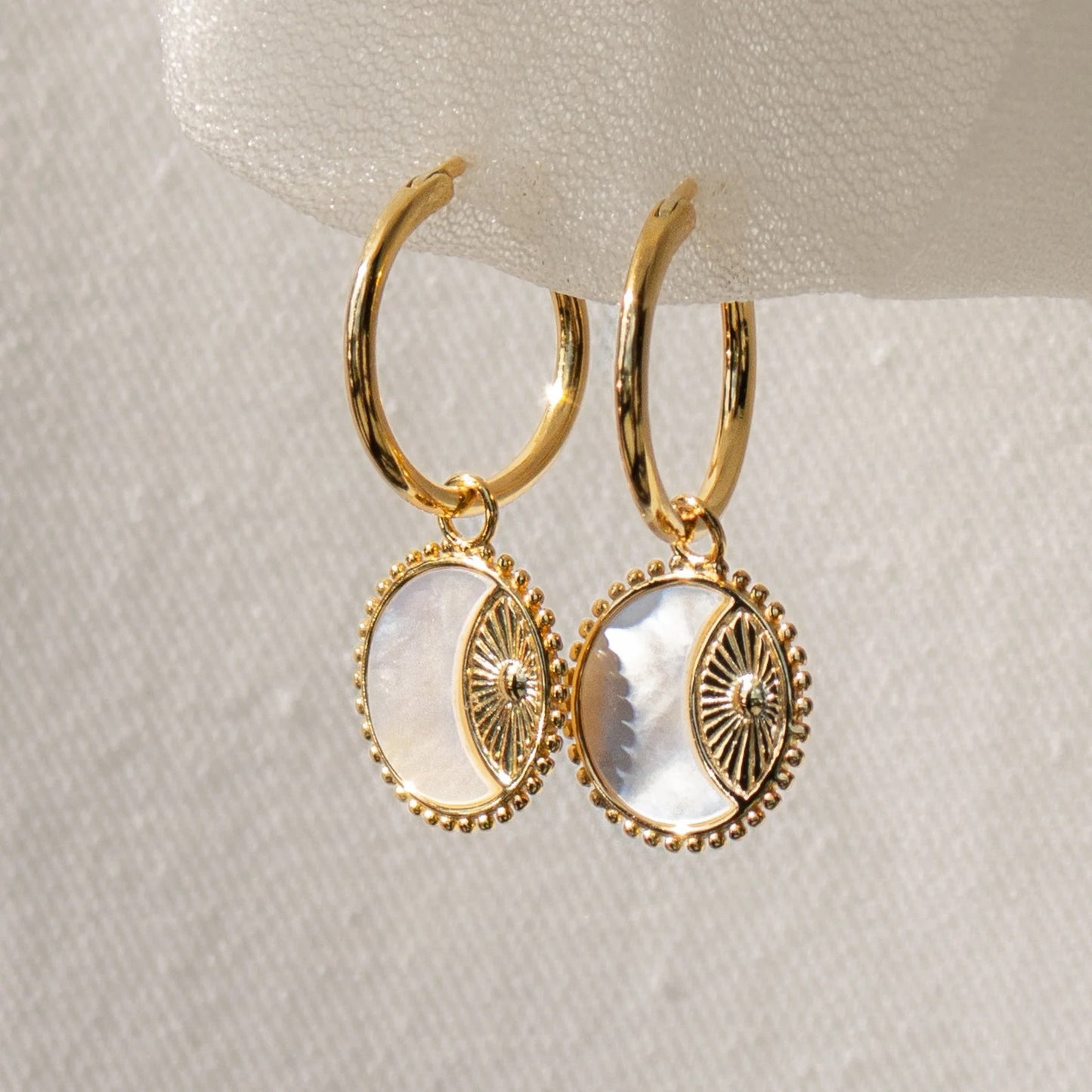 Vintage Sun Moon 14k Gold Plated Stainless Steel Earrings with Shell Inlay