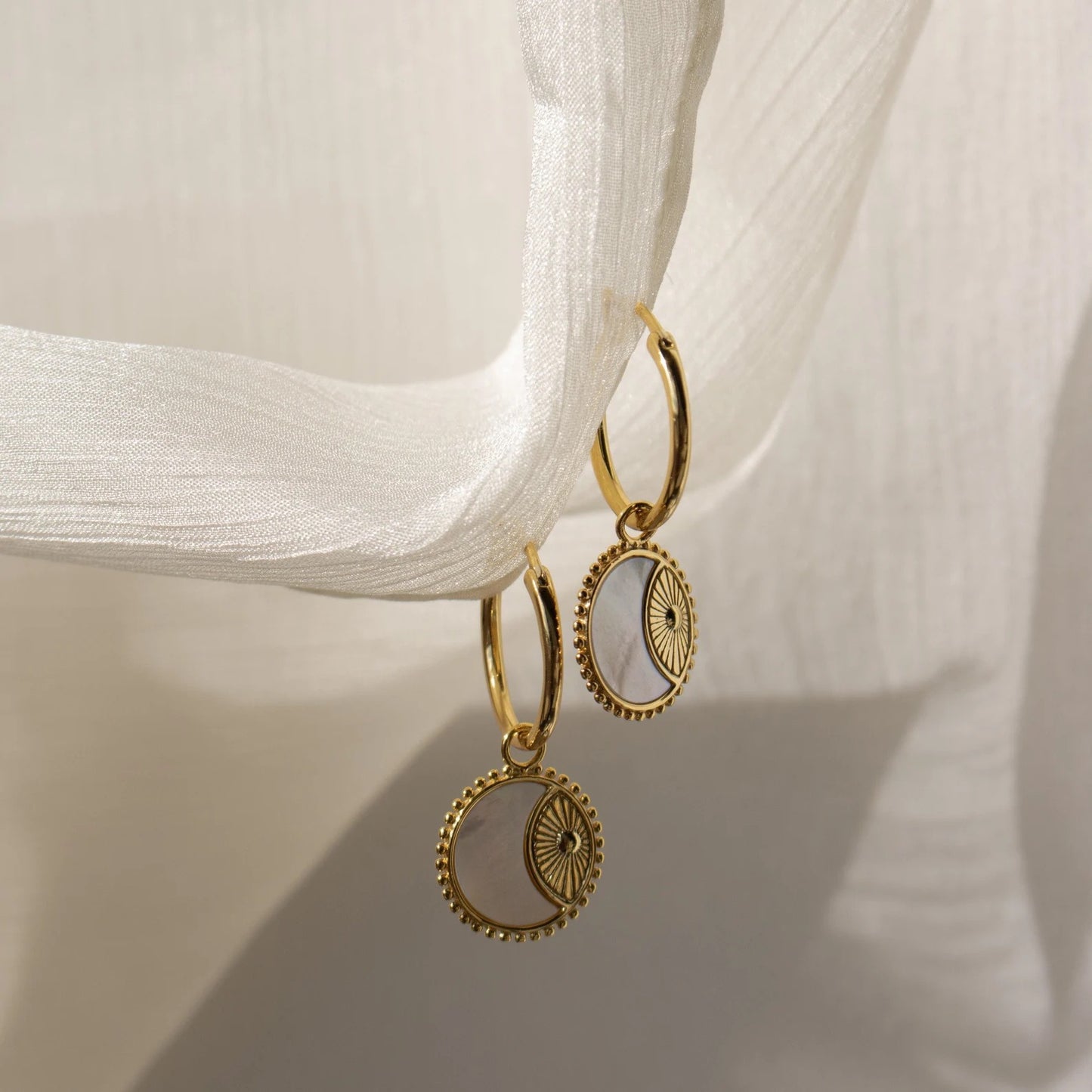 Vintage Sun Moon 14k Gold Plated Stainless Steel Earrings with Shell Inlay