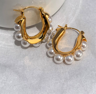 Vintage U Shape Titanium Steel Pearl Earrings for Women