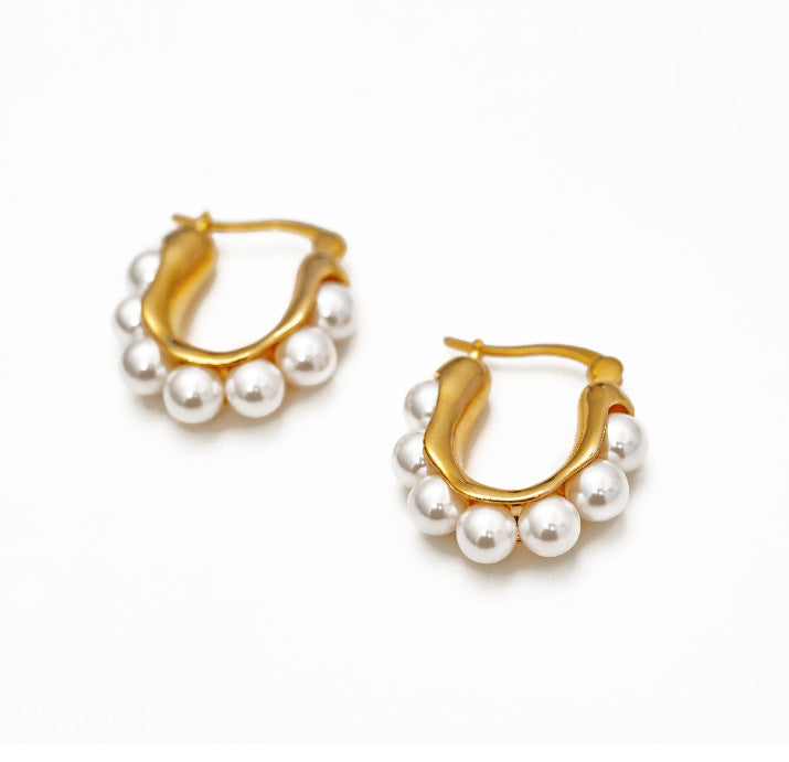 Vintage U Shape Titanium Steel Pearl Earrings for Women