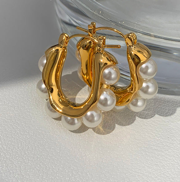 Vintage U Shape Titanium Steel Pearl Earrings for Women