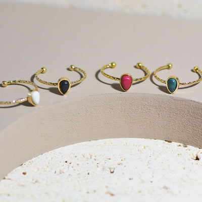 18k Water Drop Natural Stone Titanium Steel Open Rings - European and American Fashion Jewelry Accessories