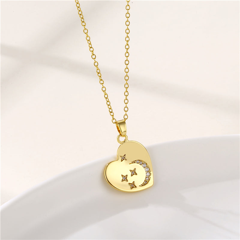 INS Style Sun and Heart Shape Zircon Pendant Necklace - Stainless Steel Titanium with 18K Gold Plating